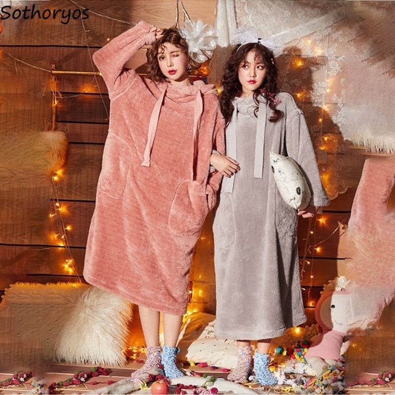 Women Nightgowns Coral Fleece Solid with Hat Drawstring Thicken Warm Home Soft Females Leisure Sleepwear Chic Trendy Sleepshirts