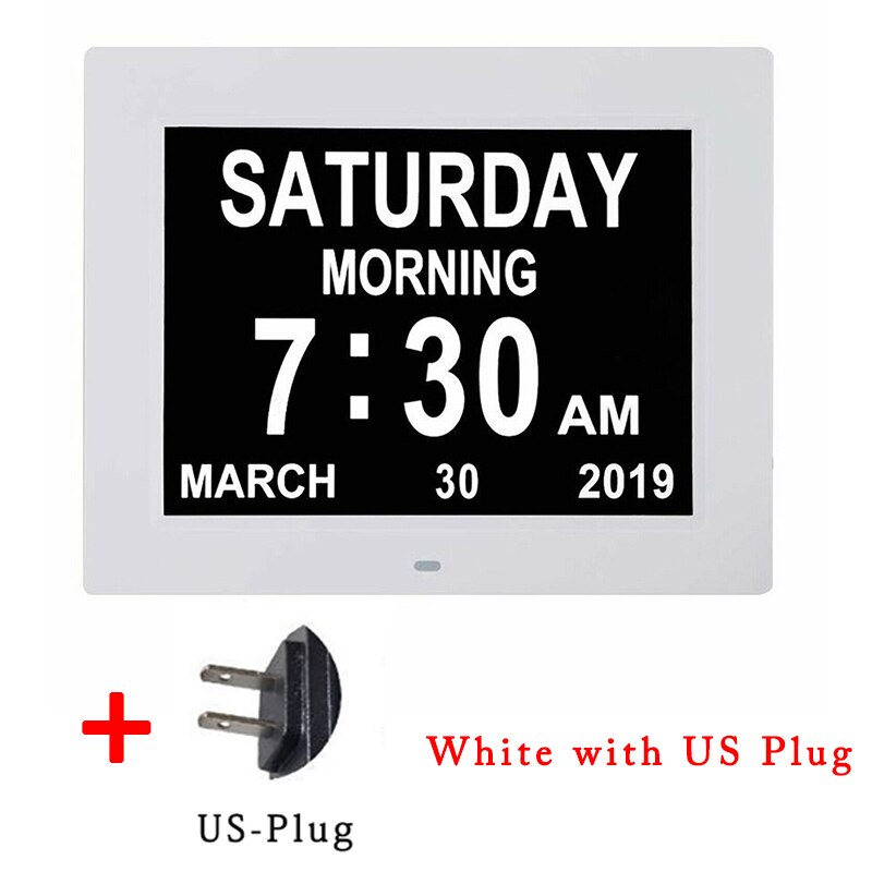8 idiomas digital dia relógio led calendário dia/semana/mês/ano despertador para idosos demência visão deficiência decoração da casa: white with US Plug