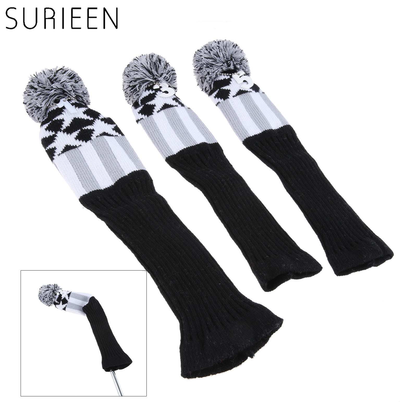 SURIEEN 3 Pcs Pom Pom Golf Wood Club Head Covers Headcover Knitted Long-neck Sock Golf Club Cover Headcovers Soft Protect Set