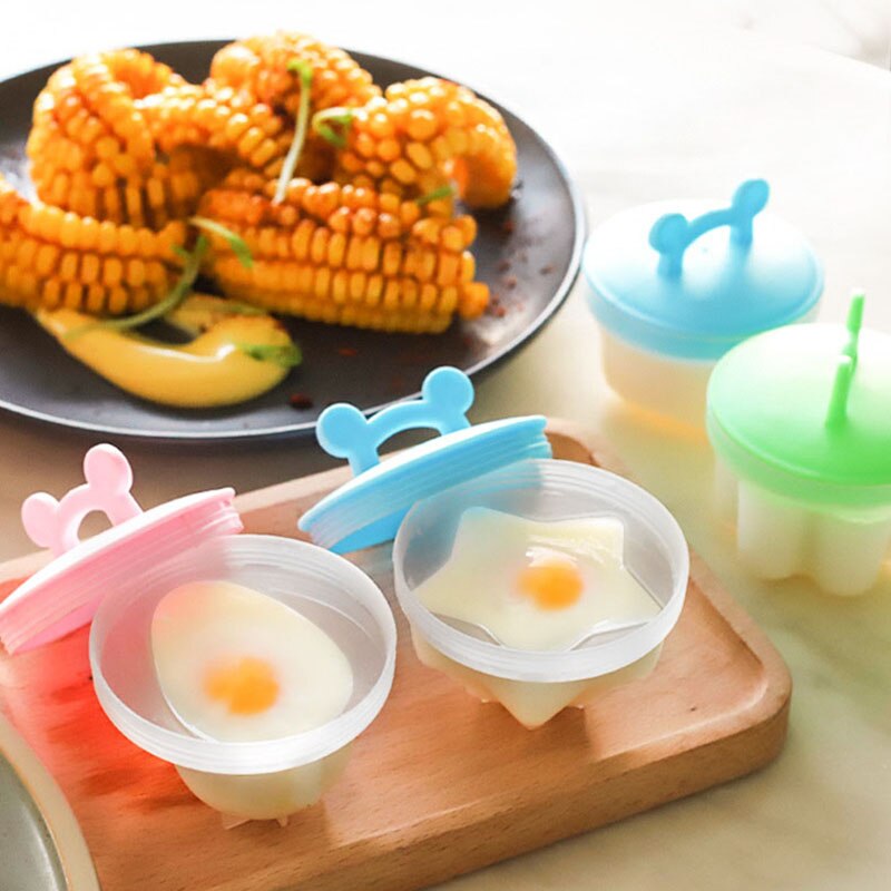 4 Pcs/Set Cute Egg Boiler Plastic Egg Poacher Set Kitchen Egg Cooker Tools Egg Mold Form With Lid Brush Pancake Maker
