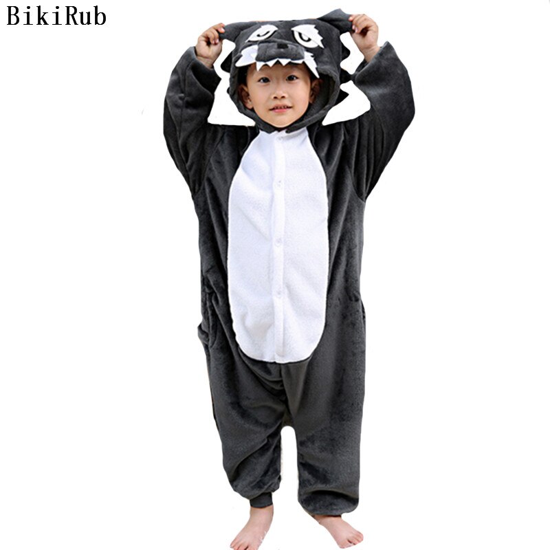 BIKIRUB Kinderen Pyjama Winter Hooded Nachtkleding Jongens Meisje Pyjama Set Kigurumi Leuke Timber Wolf Animal Kids Pyjama Flanellen Pijama