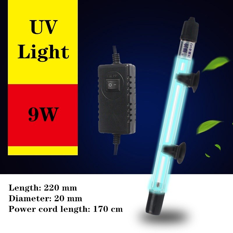 Lámpara esterilizadora UV sumergible para acuario, filtro de luz ultravioleta impermeable, floración de algas, luz limpia para pecera, estanque, Coral: 9W
