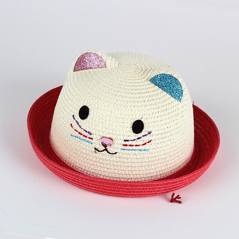Chapeau de paille mignon avec des oreilles d'été en plein air enfants disquette Panama chapeau enfants filles garçons nuances plage chapeau de soleil: cartoon red