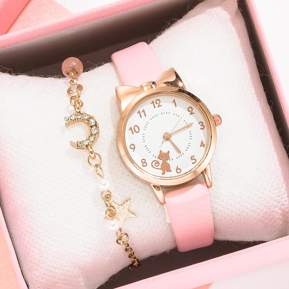 Kids Horloges Studenten Kinderen Roze Horloge Meisjes Lederen Kind Uur Kat Quartz Horloge Meisje Klokken