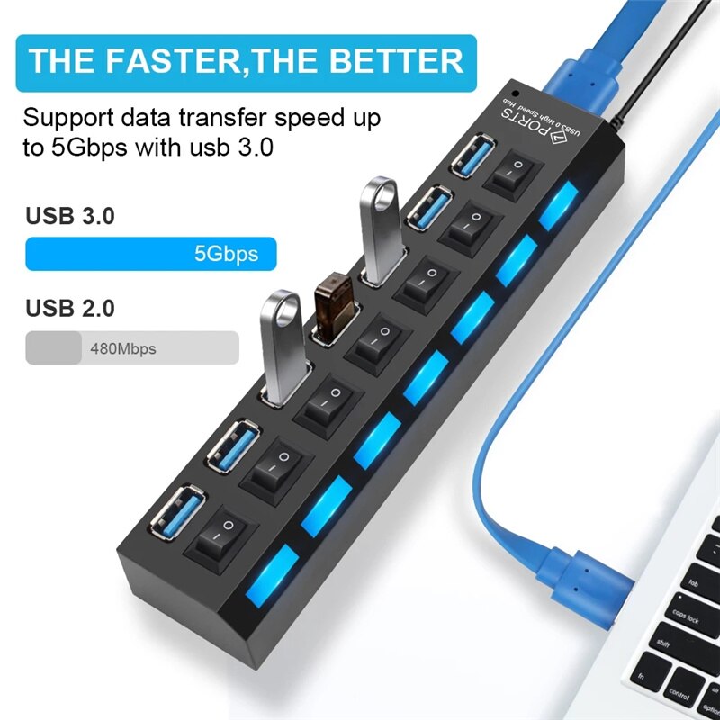 7 Ports USB Hub Expander Comprehensive Compatible High Speed Multi Independent Switch AC Power For Mouse U Disk Keyboard