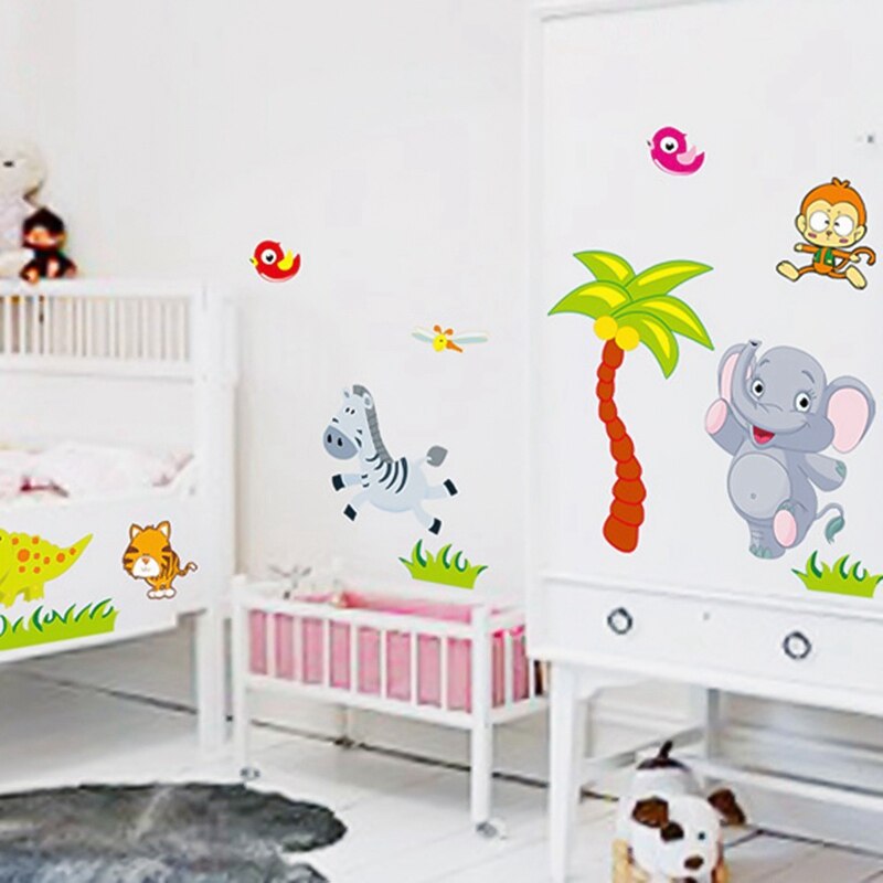 Cartoon Animal Lion Elephant Tiger Wall Stickers Children Room Kindergarten Classroom Living Room Wall Decoration