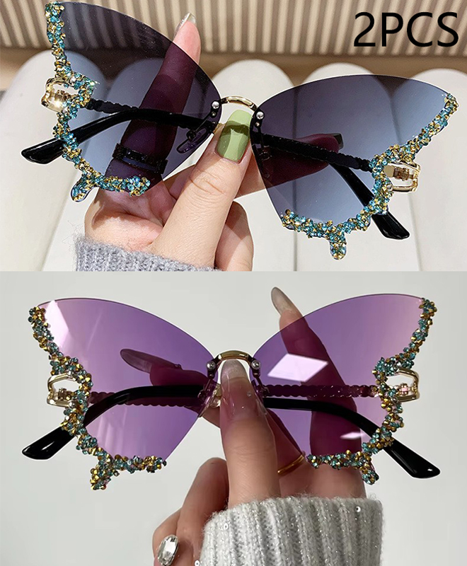 Luxus Diamant Schmetterling Sonnenbrille Frauen Y2K Jahrgang Randlose Übergroße Sonnenbrille Damen Brillen: blau-Grau