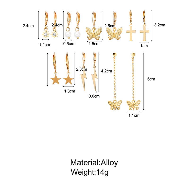 7 Pairs Nette Kristall Schmetterling Kreuz Stern Anhänger Ohrringe Für Frauen Mädchen Gold Farbe Huggies Hoop Ohrring Set Mix Stil schmuck
