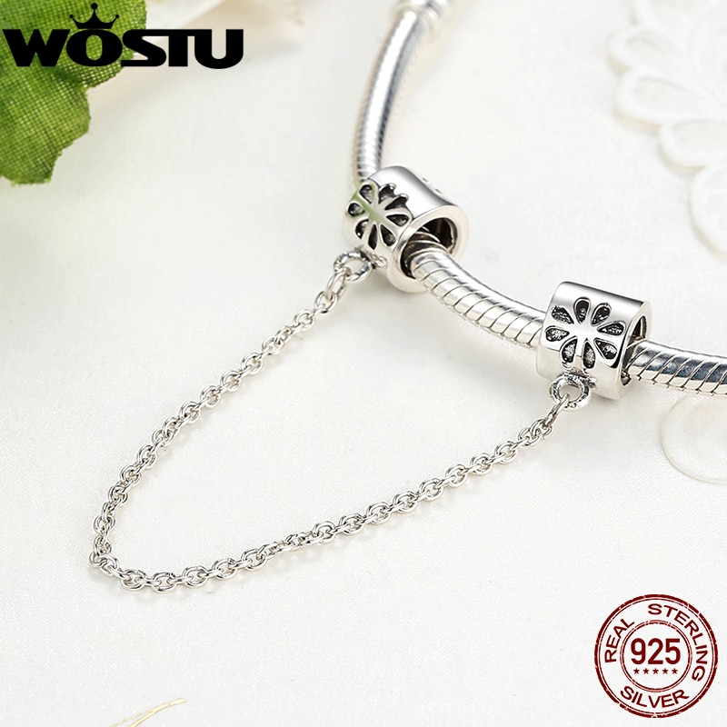 100% 925 Sterling Silver Daisy Safety Chain Charm Fit Original WOST Bracelet Pendant Authentic Jewelry Christmas ZBBS204