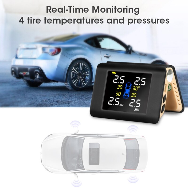 Universeel tpms auto draadloos bandenspanningscontrolesysteem met 4 externe sensoren alarm, voor auto voorruit beige