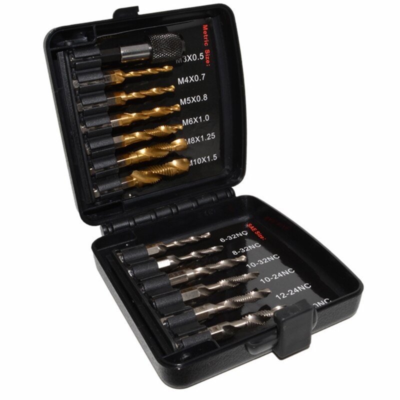 Titanium Combination Drill Tap Bit Set Screw Tapping High-Speed Steel Hexagonal Handle Tapping Bit Tool 13pcs SAE/Metric