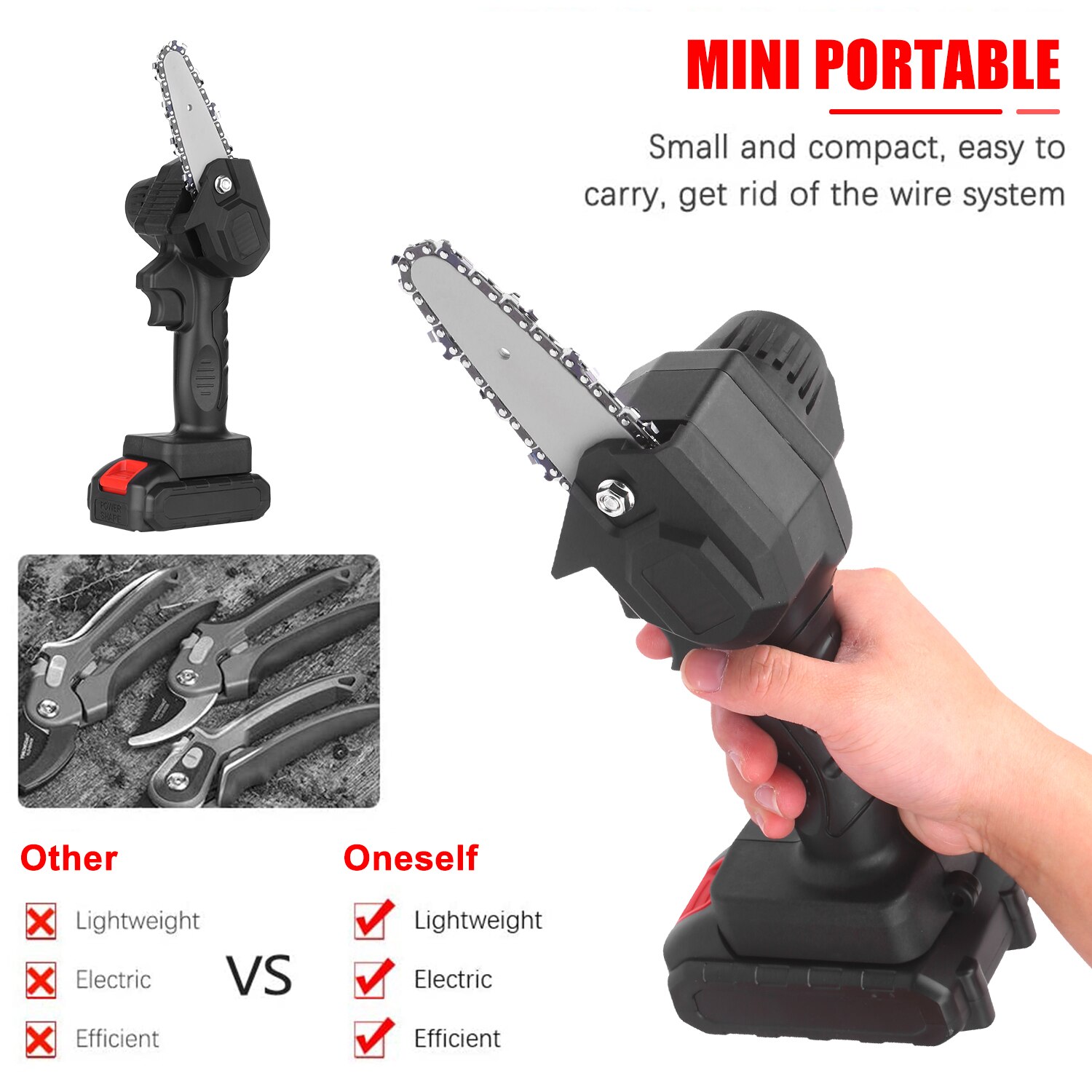 Portable Electric Pruning Saw Cordless Chain Saw with 2PCS Rechargeable Battery Wood Cutters Varibale Speed Mini Electric Saw
