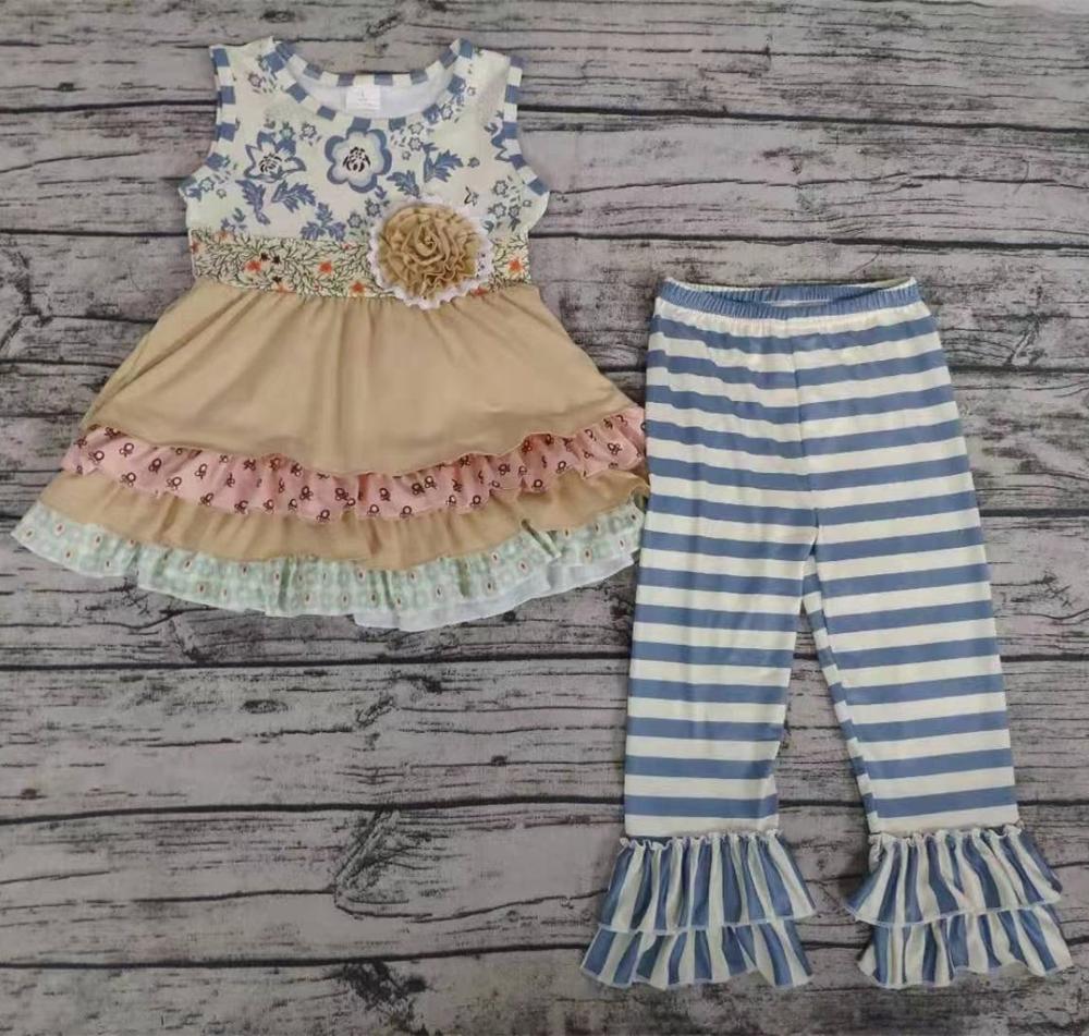 Moderigtigt børn sommertøj baby piger blomstret top striber flæse bukser sæt spædbørn småbørn boutique børn outfit