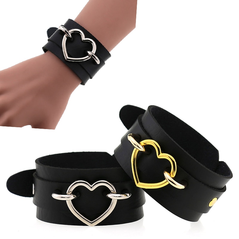 Punk Heart Bracelet Black Leather Wristband Cuff Goth Armbands Bracelets Women Men Metal Jewelry