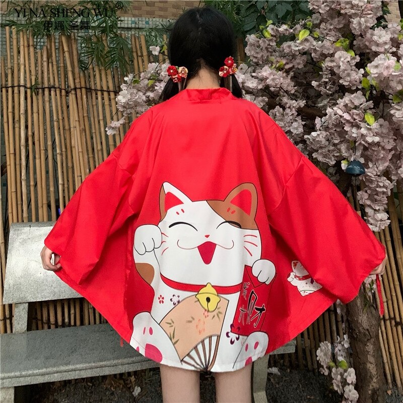 Cárdigan Harajuku de japonesa para mujer, Kimono negro, rojo, gato de la suerte, blusas informales holgadas para chica: Red