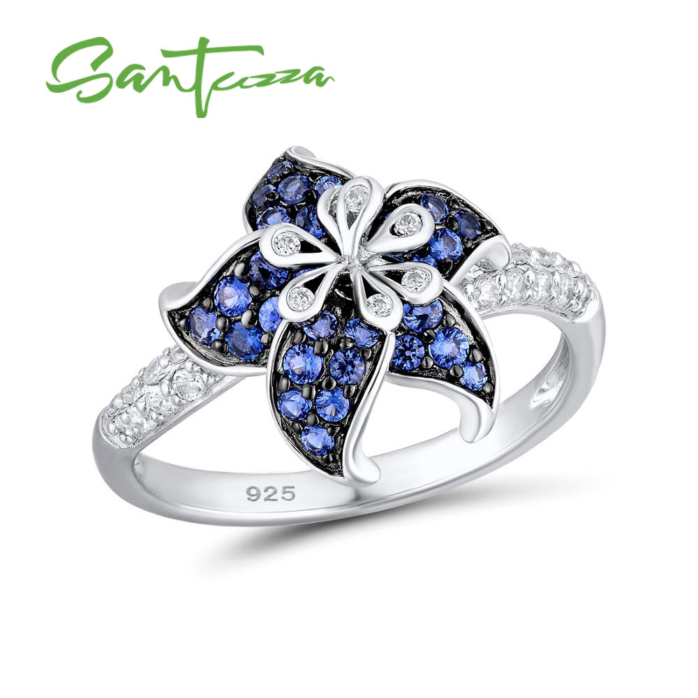 SANTUZZA Silver Ring For Women 925 Sterling Silver Blooming Flower Blue Pink White Cubic Zirconia anillos Party Fine Jewelry: 8.5 / Blue Flower