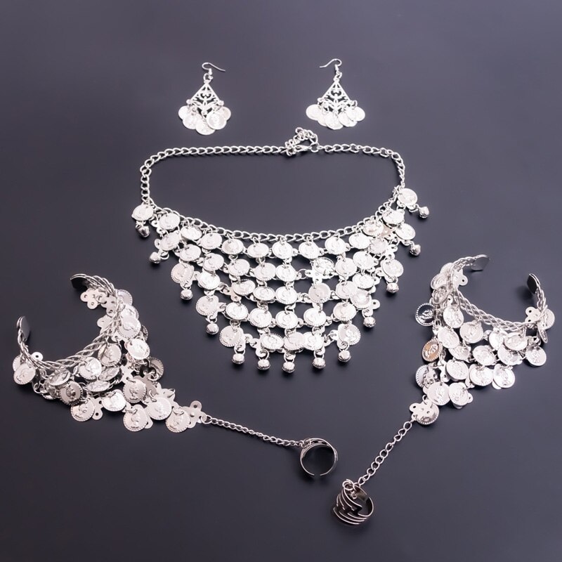 Conjunto de accesorios de danza del vientre para mujer, collar, pendientes, pulsera, juego de oro y plata, accesorio de danza del vientre, India,: Silver-Full set