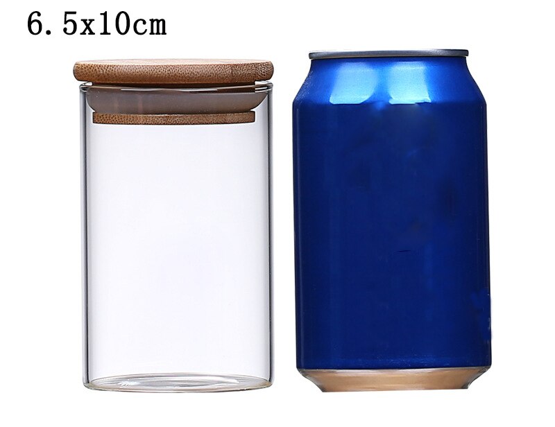 1PCS Transparent Container Candy Jar Spices Glass Glass Jars With Wood Lids Cookie Jar Kitchen Jars And Lids Sealed Canister: 6.5X10CM