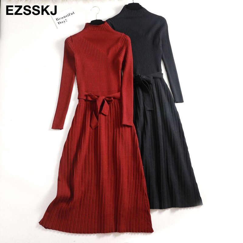 herfst winter maxi trui jurk vrouwen lange mouw OL vrouwelijke lange trui jurk met riem elegante a-lijn solid slim jurk