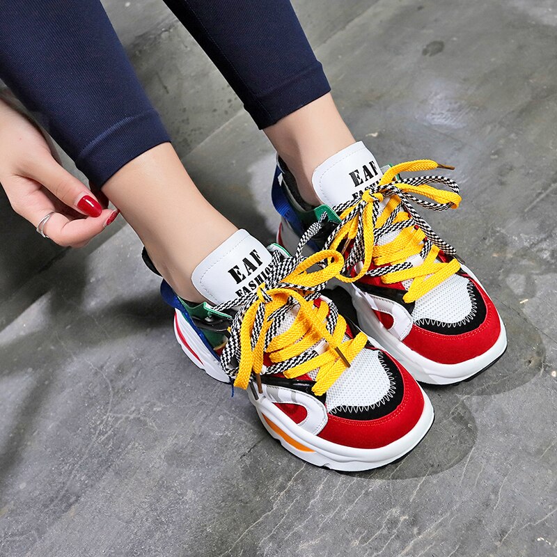 Women's Platform Sneakers - 6cm Height Increasing - Colored Ribbons - Lightweight Running Shoes