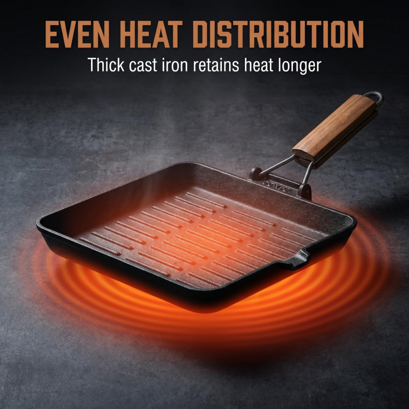 Square and round grilling pans for induction cookers, universal use Cast iron skillet Foldable wooden handle Striped Noodle Sou