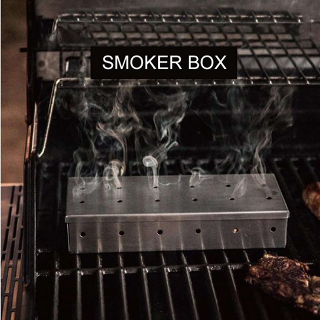 Dikkere Rvs Top Vlees Roken Barbecue Smoker Box Voor Bbq Hout Chips, Met Scharnierend Deksel