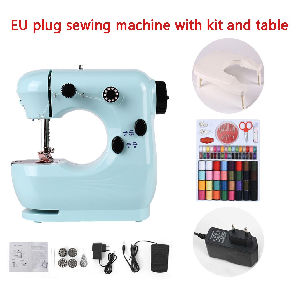 Sewing Machine Mini Portable Household Small With Night Light Pedal Electric Set Multifunctional Handicraft Repair Beginner Blue: EU with kit table