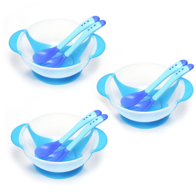 3set Temperature Sensing Feeding Spoon Child Tableware Food Bowl Learning Dishes Plate Suction Cup Baby Dinnerware Set: Blue Set
