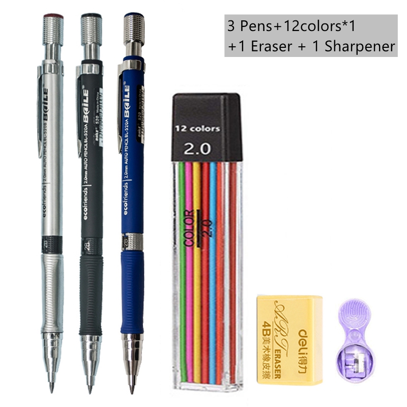 Mechanical Pencil Set 2.0 mm with 2B Black/Colors Lead Refill For Writing Sketching Art Drawing Painting School Automatic Pencil: Yellow
