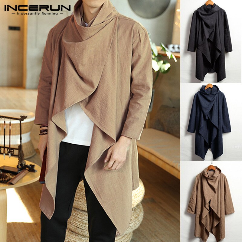 Incerun Vintage Mannen Jassen Katoen Coltrui Onregelmatige Geul Poncho Casual Lange Mouw Mantel Effen Straat Jassen Heren Bovenkleding