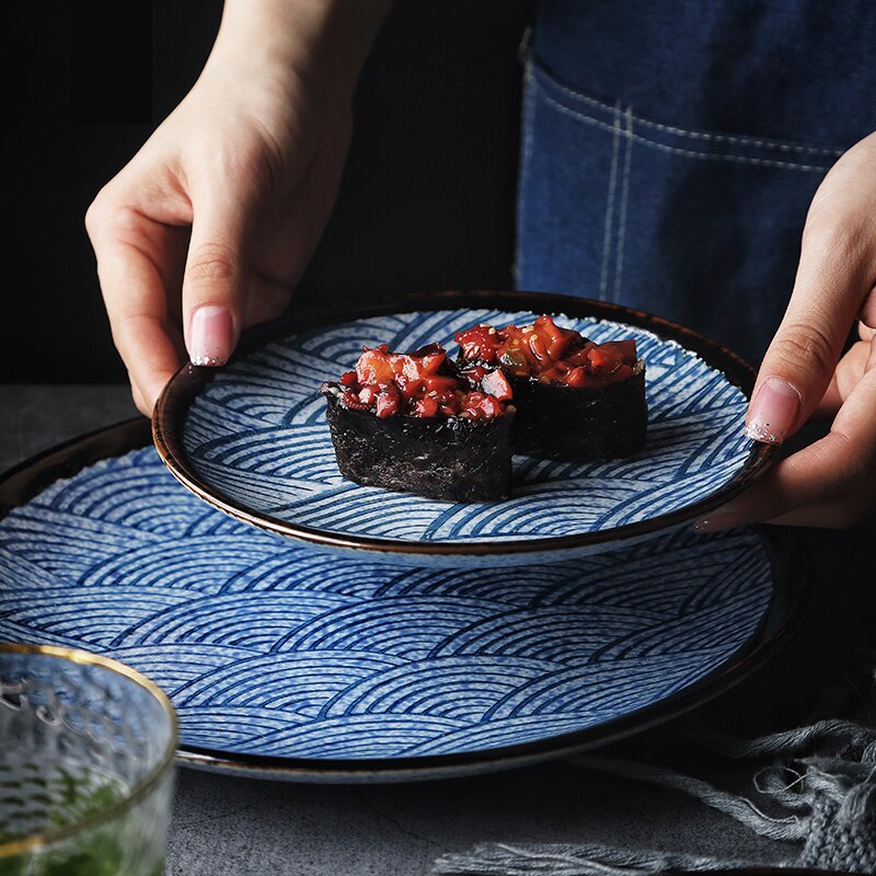 RHE niebieskie paski obiadowy talerz ceramiczny okrągły restauracja kuchnia stek deser danie strona restauracja narzędzia