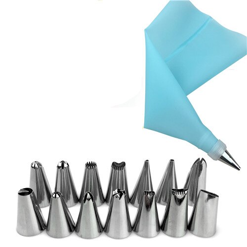 16pc/ sets diy bak- en taartdecoratiegereedschappen siliconen glazuur spuitzak slagroom spuitzak roestvrijstalen spuitmond converter alleen blauwe kleur: Blauw
