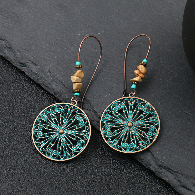 Pendientes colgantes con gancho para la oreja grande bohemio Vintage para mujer, aretes bohemios redondos huecos con forma de hoja geométrica étnica, joyería antigua