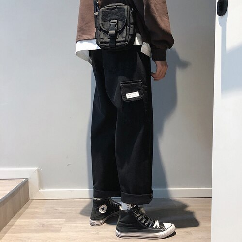 Jeans herr vida benfickor solid dragkedja plus storlek 3xl ankellång herr harajuku trendiga streetwear ulzzang par löst chic: Svart / M