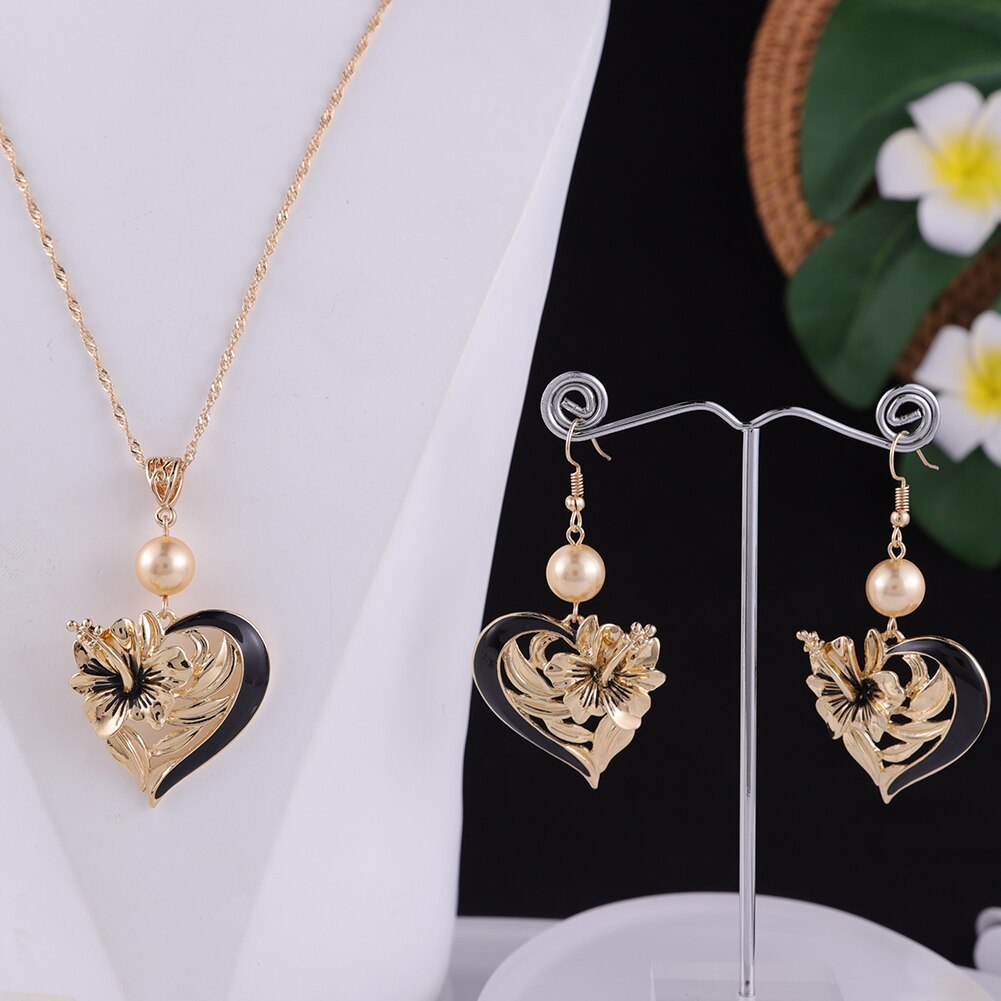 Cring Coco Herz Anhänger Halskette einstellen Hibiskus Blumen Ohrringe Halskette Trend hawaiisch Schmuck setzt für Frauen: ZH0607GOYE
