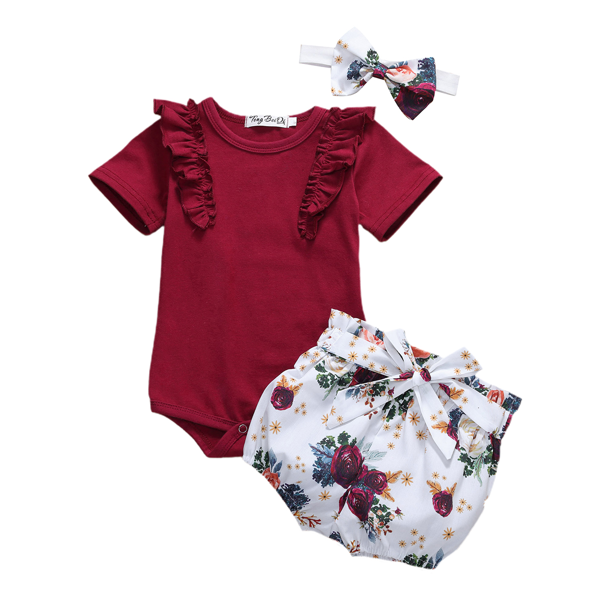 Citgeett Zomer Peuter Baby Meisje Bodysuit Tops Hart Bloemen Broek Hoofdband Outfits Shorts Sunsuit Set Kleding: B / 24M