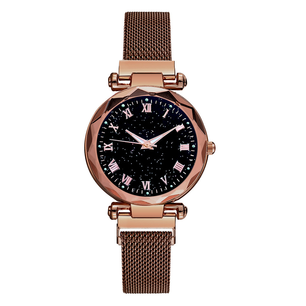 Vrouwen Horloge Luxe Starry Dial Crystal Rvs Mesh Magnetische Riem Dames Quartz Horloge Vrouwen Lichtgevende Handen Horloges: Coffee