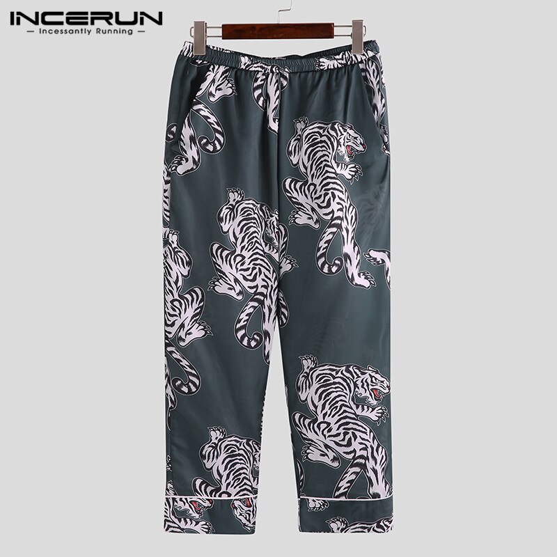 INCERUN Printing Men Sleep Bottoms Pants Silk Satin Leisure Pajamas Comfortable Sleepwear Vintage Men Lounge Pants S-5XL: Gray / XXL