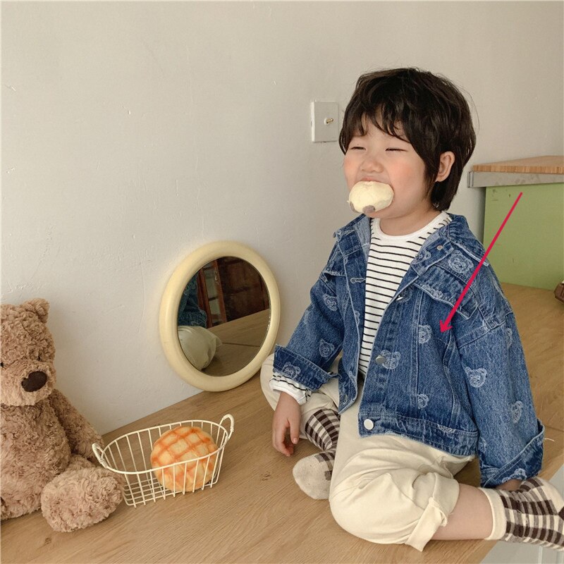 2021 stile coreano autunno bambini ragazzi ragazze cappotto cartone animato orso stampa maniche lunghe giacche di jeans bambini capispalla stile Casual E5366: 90cm 2Y