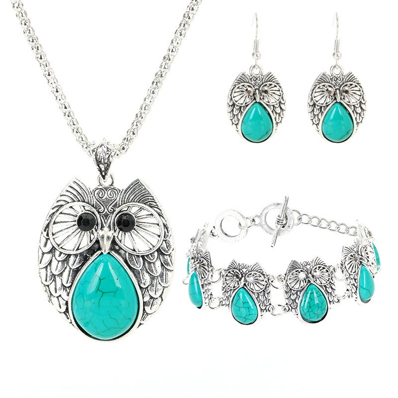 Retro turkis ugle smykker 925 sølv vedhæng øreringe armbånd halskæde håndlavet amulet hendes kvinde: Grøn
