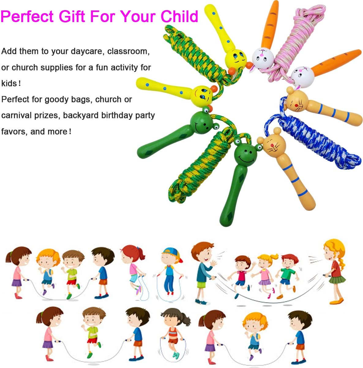 Kids Springtouwen Mooie Cartoon Springtouw Met Houten Handgrepen Gevlochten Wirwar Touw Fitness Sport Springtouwen
