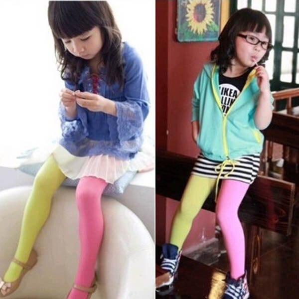 Nyeste trendy slik farve piger børn to-farve sømløs strømpebukser legging: Gul