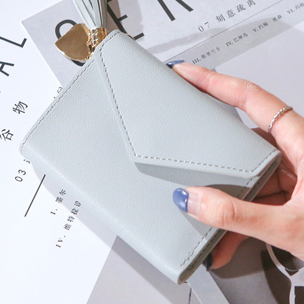 Women Wallets PU Wallet Leather Small Coin Purse Ladies Card Bag Cute Trend Student Tassel Pendant For Women Short: Style A-Gray