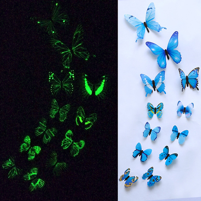 12 Stuks Kinderen Lichtgevende Muursticker Slaapkamer Vlinder 3D Thuis Stickers Voor Kids Party Decoration Glow In The Dark Speelgoed: blue