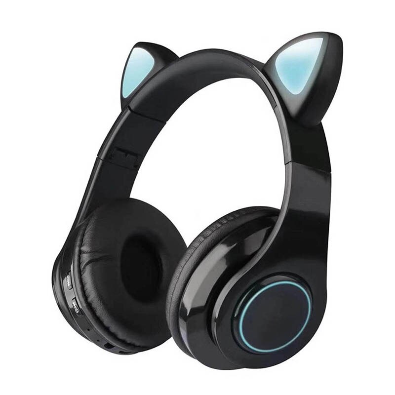 Wireless Earphone Headphone Bluetooth Headset Cat Ear Earphone LED Lights 400 MAh With Microphone For PC Laptop Headphones: black