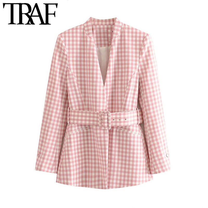Traf kvinder kontortøj med bælte plaid blazer frakke vintage langærmede lommer kvindeligt overtøj smarte toppe