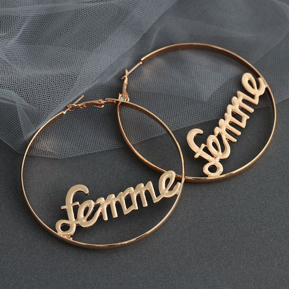 1 Pair Women Large Circle Round Hoop Earrings Hyperbole Baby Femme Letter Earrings Punk Dangle Hip-hop Jewelry