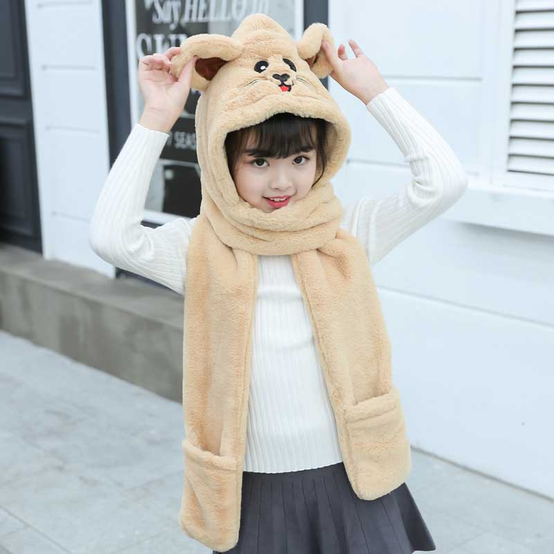3 en 1 de oso bufanda suave con guantes de sombrero para niñas otoño invierno rosa gris Beige cálido gorro niñas bufandas: 6