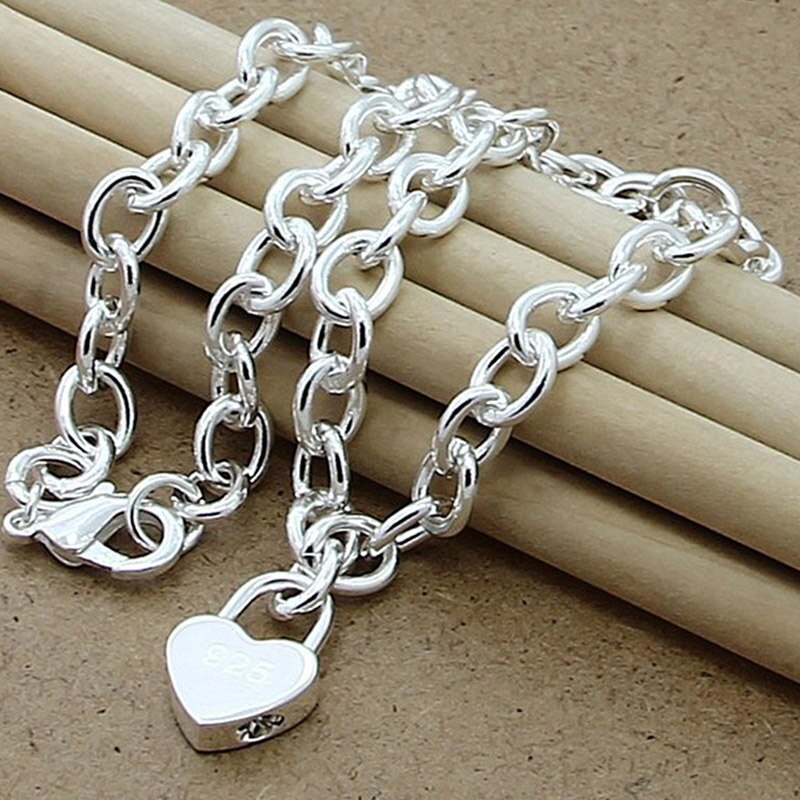 925 Silver Heart Lock Necklaces Chains Women Pendant Necklace Valentines Couple Jewelry