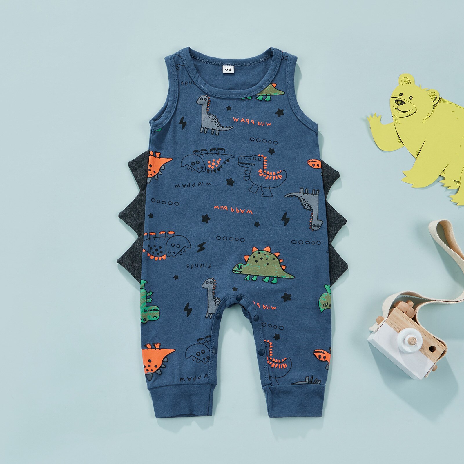 Macacão infantil do dinossauro do menino do bebê, animais dos desenhos animados sem mangas imprimir macacão macacão verão macacões